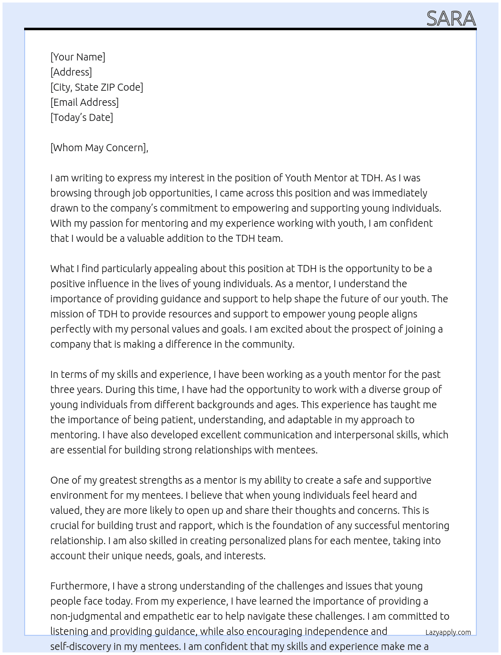 Youth mentor  At TDH Cover Letter