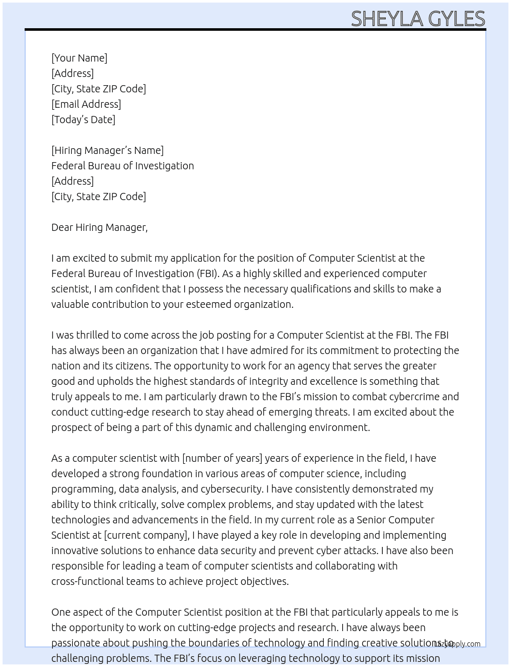 Computer Scientist At Federal Bureau of Investigation Cover Letter