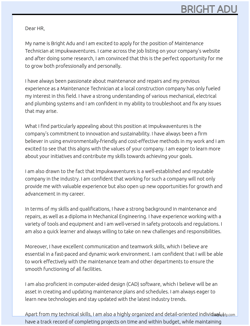 Maintenance Technician  At Impukwaventures Cover Letter