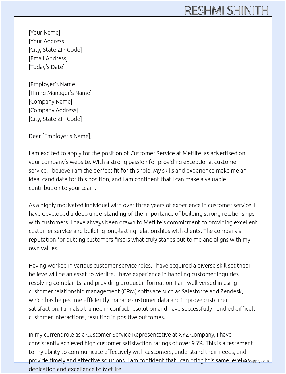 Customer service  At Metlife Cover Letter
