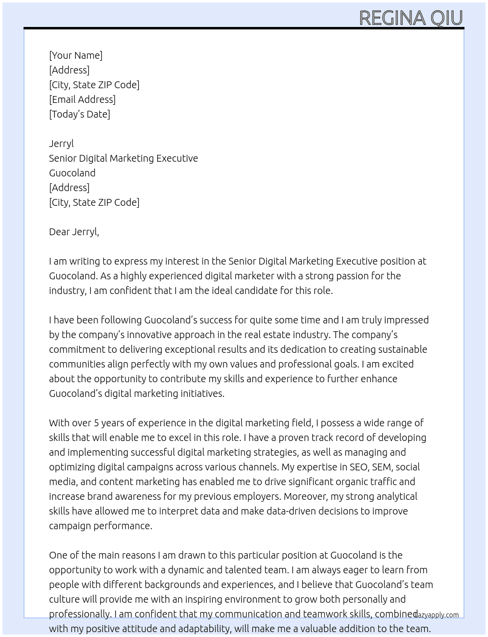 Senior digital marketing executive At Guocoland Cover Letter