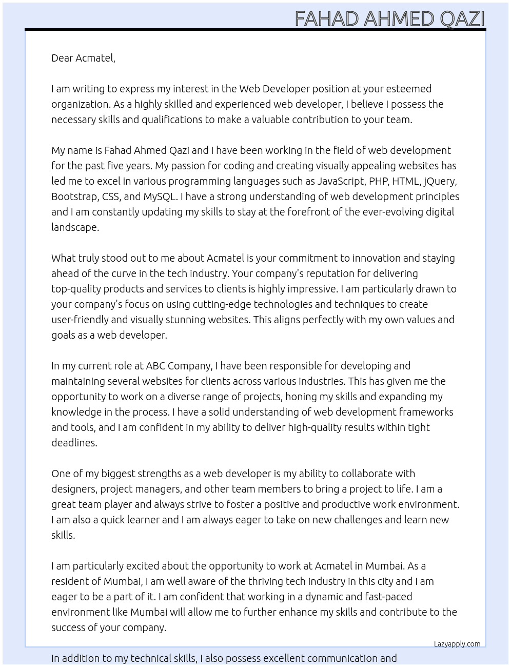 web developer At Acmatel Cover Letter