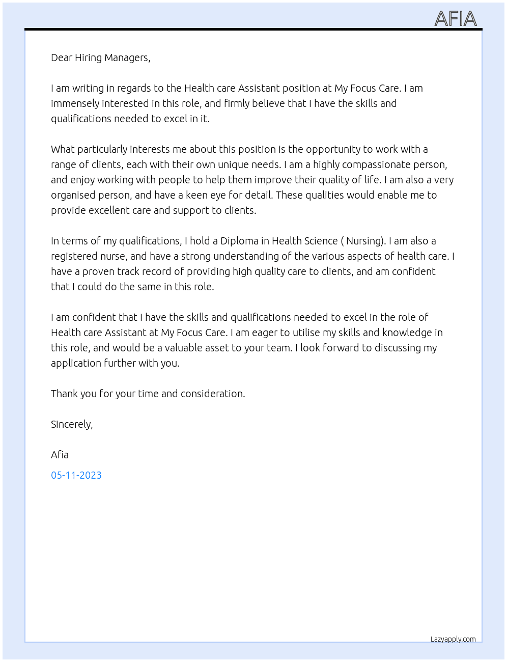 Health care Assistant  At My Focus Care Cover Letter