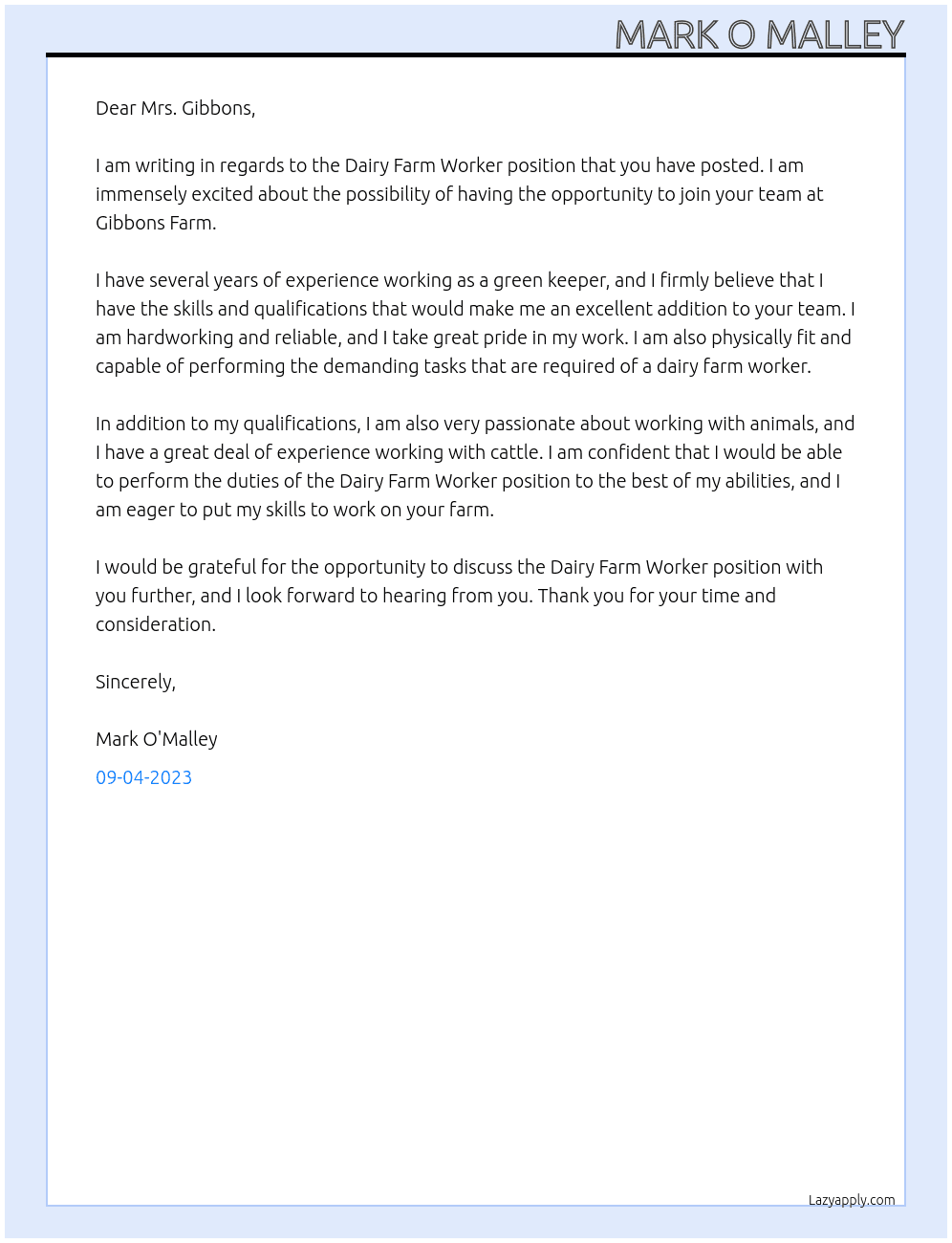 Dairy Farm worker At Gibbons Farm Cover Letter