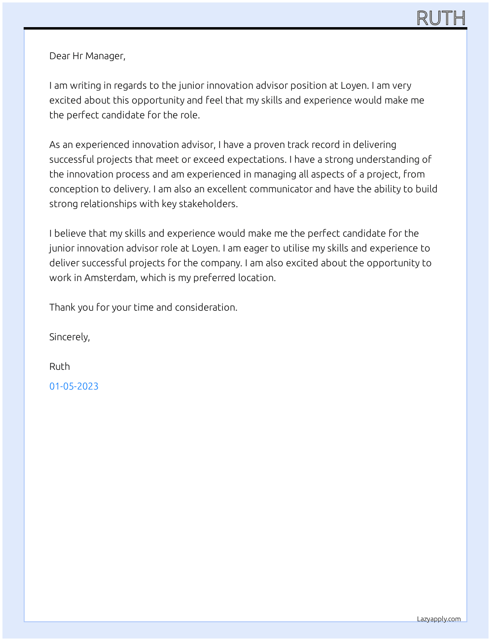 junior innovation advisor  At Loyen  Cover Letter