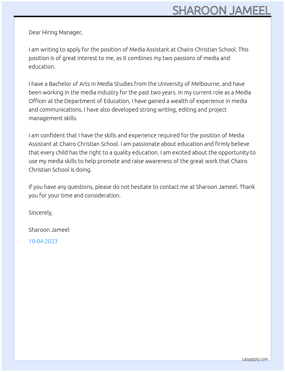 Media Assistance  At Chairo Christian School  Cover Letter