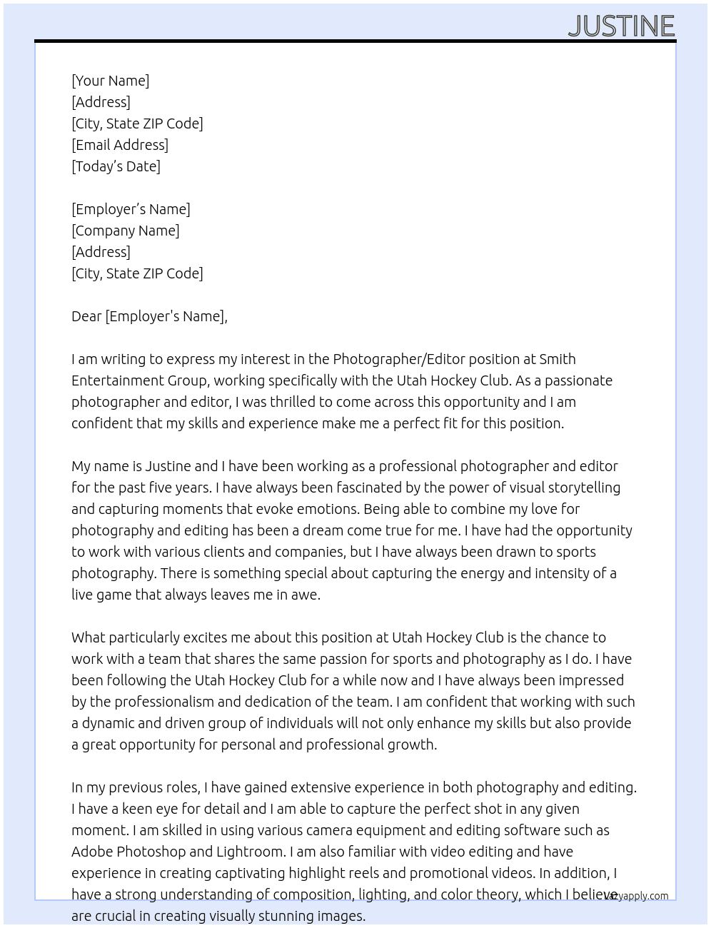 Photographer/Editor At Utah Hockey Club Cover Letter