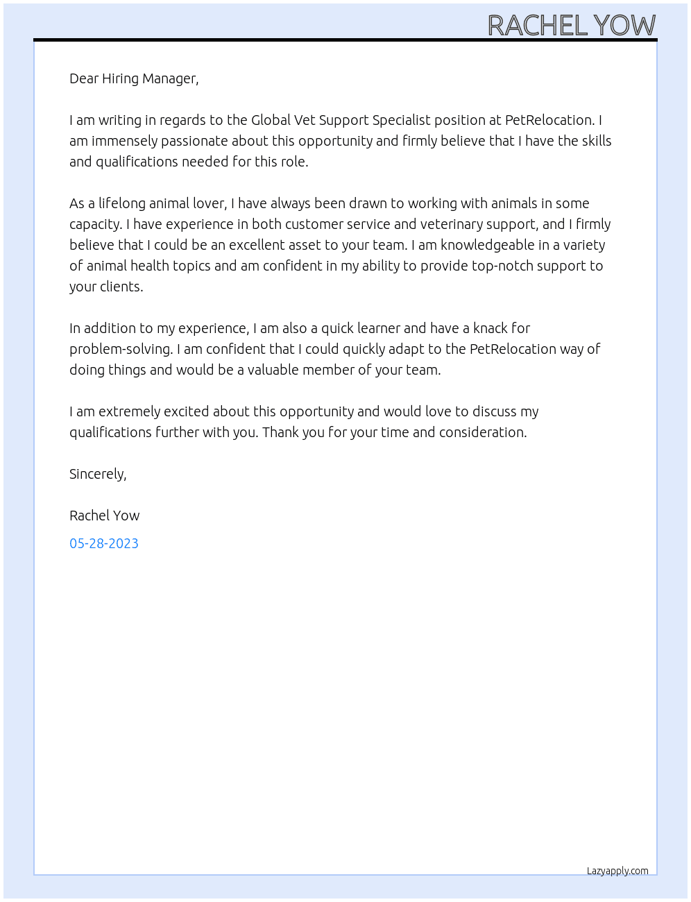 Global Vet Support Specialist At PetRelocation Cover Letter
