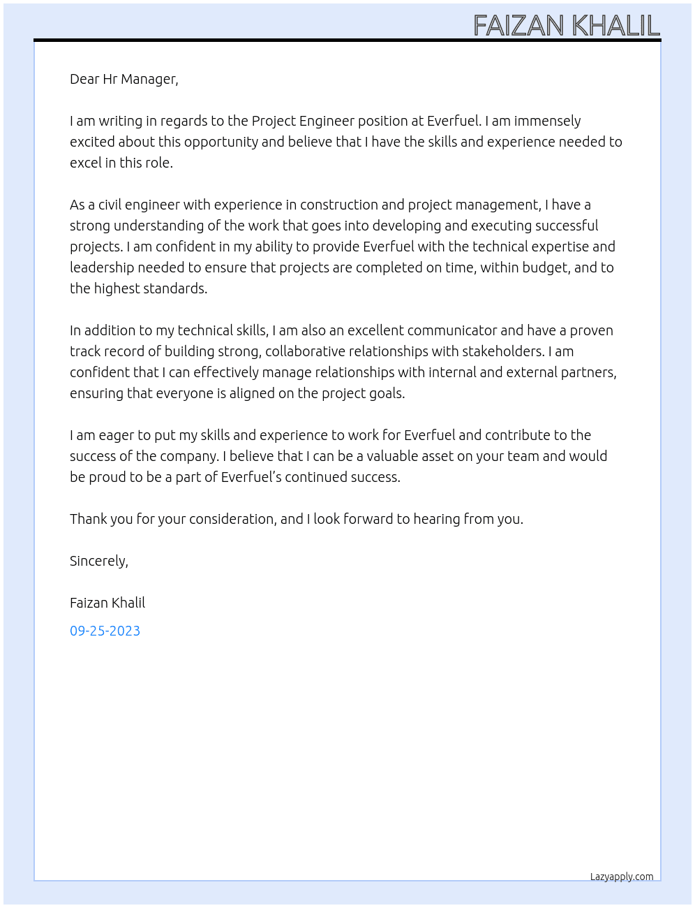 Project Engineer At Everfuel Cover Letter