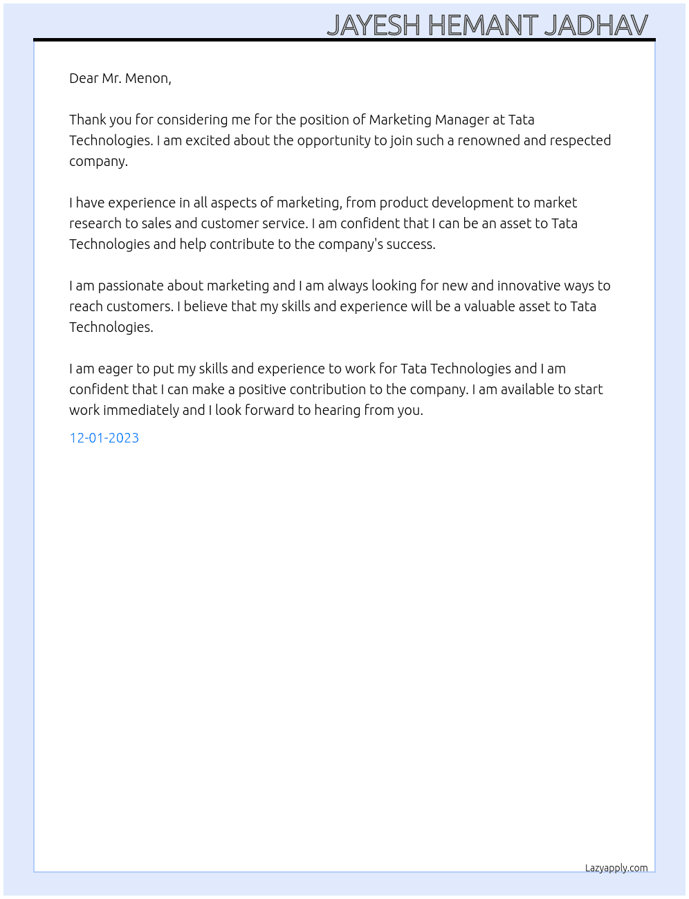 Marketing manager  At Tata Technologies  Cover Letter