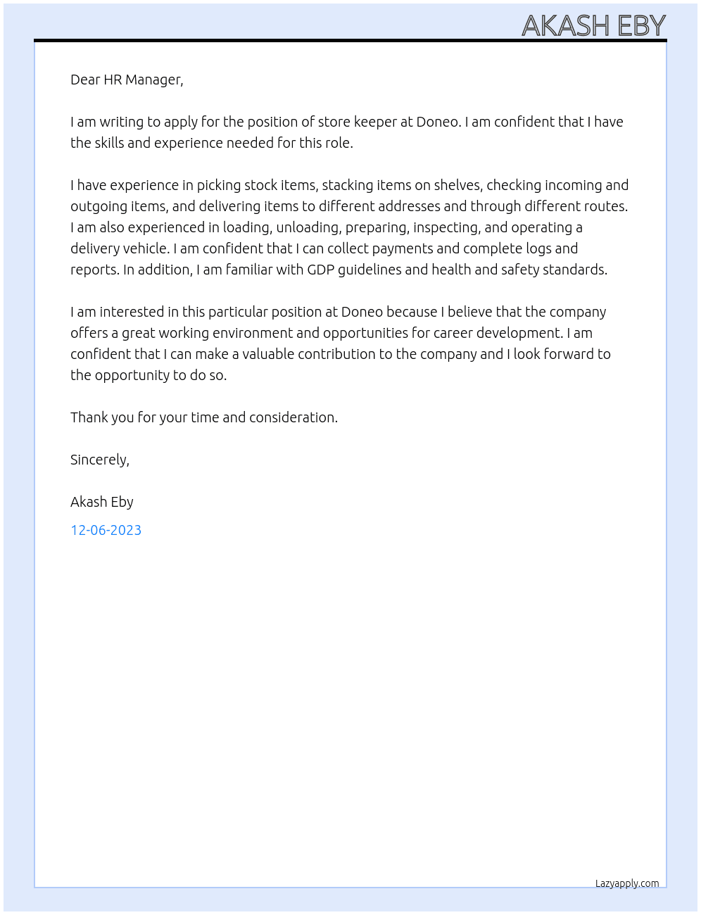 Store keeper At Doneo Cover Letter