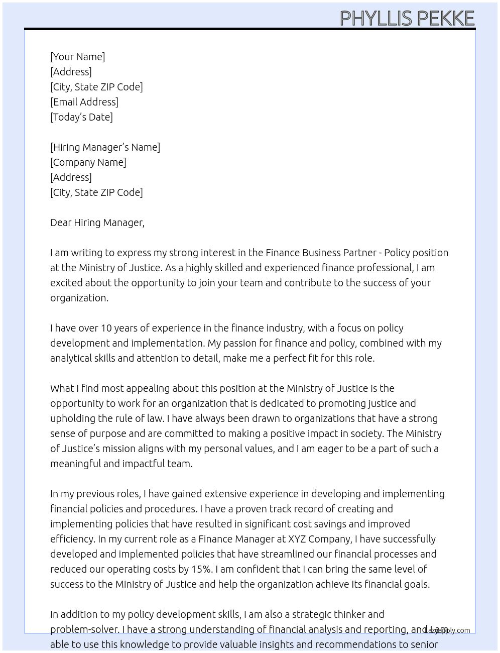 Finance Business Partner - Policy At Ministry of Justice Cover Letter