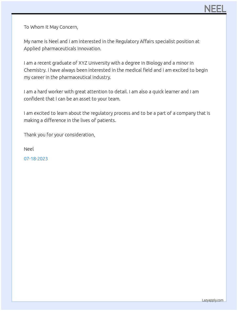 Regulatory Affairs specialist At Applied pharmaceuticals Innovation Cover Letter