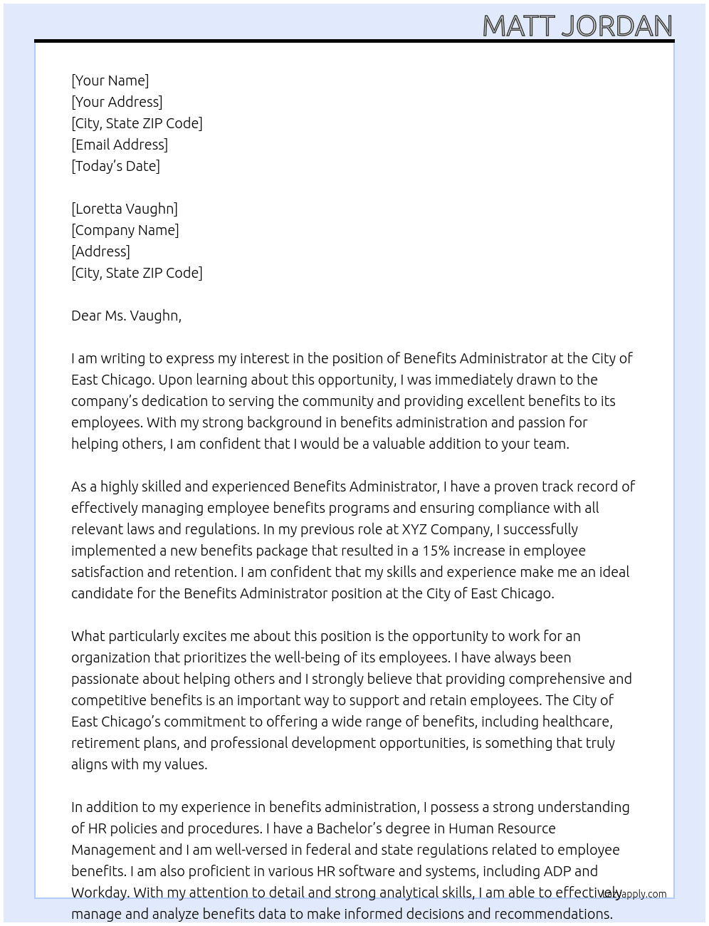Benefits Administrator At City of east Chicago  Cover Letter