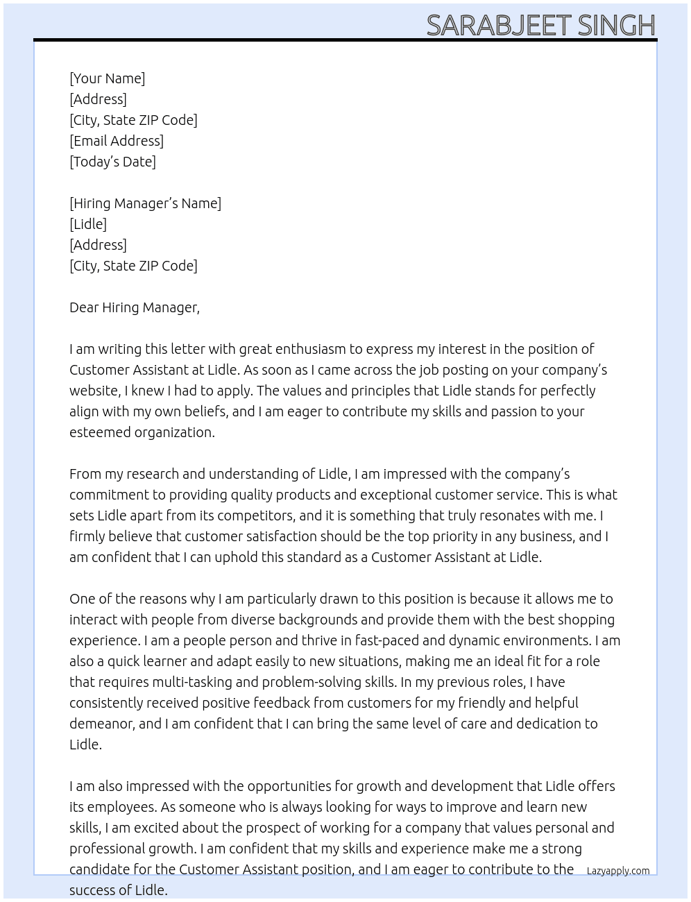 customer assistant At Lidle Cover Letter