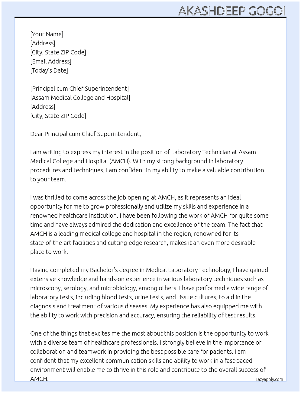 Laboratory technician  At Assam Medical College and Hospital  Cover Letter