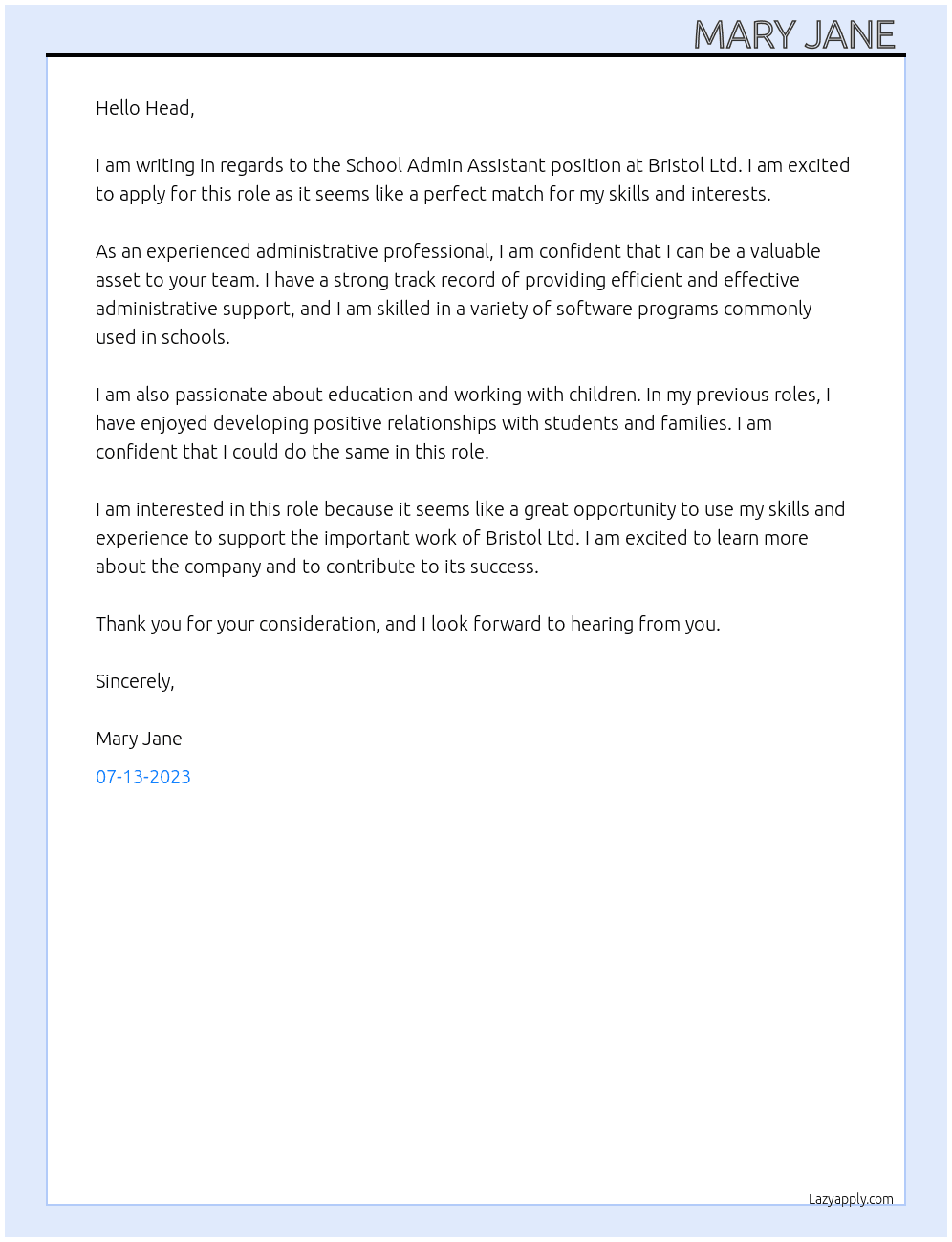 School Admin Assistant At Bristol Ltd  Cover Letter