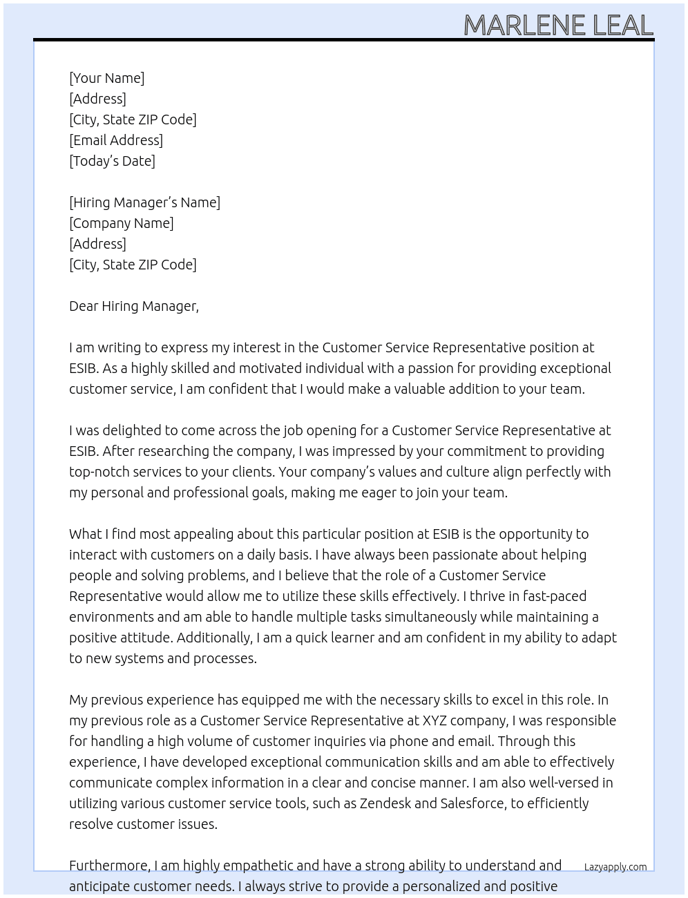 Customer Service Representative  At ESIB Cover Letter
