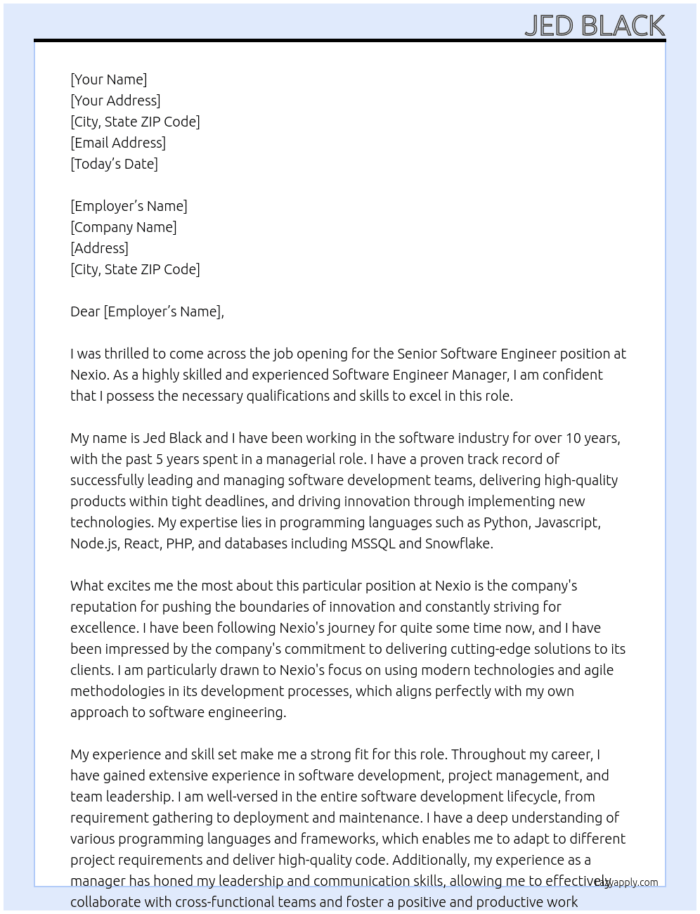 Sr. Software Engineer At Nexio Cover Letter