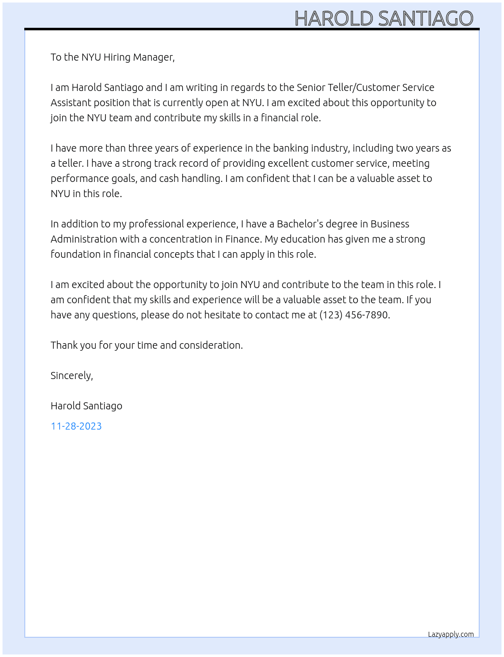 Senior Teller/Customer Service Assistant At NYU Cover Letter