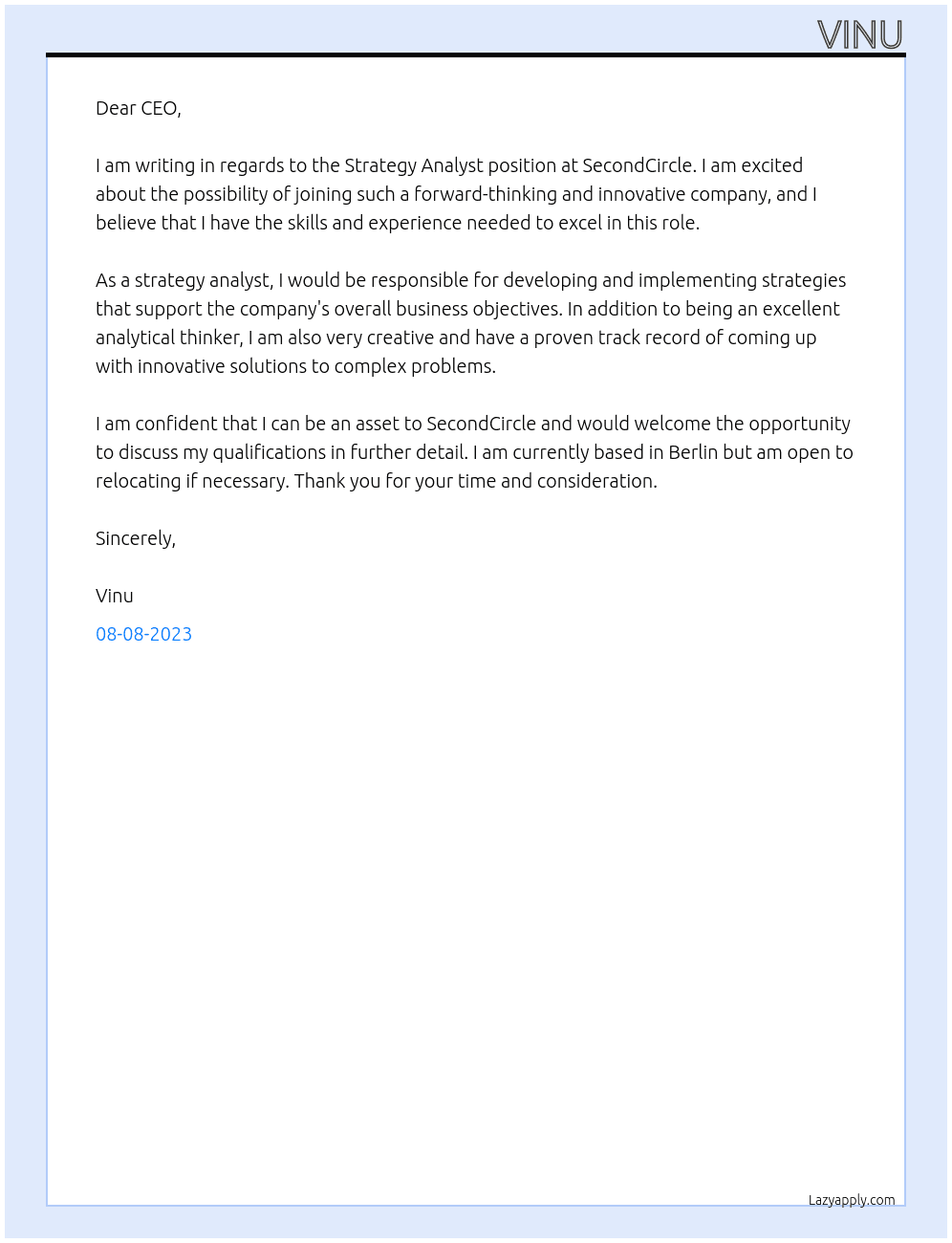 Strategy Analyst At secondcircle Cover Letter