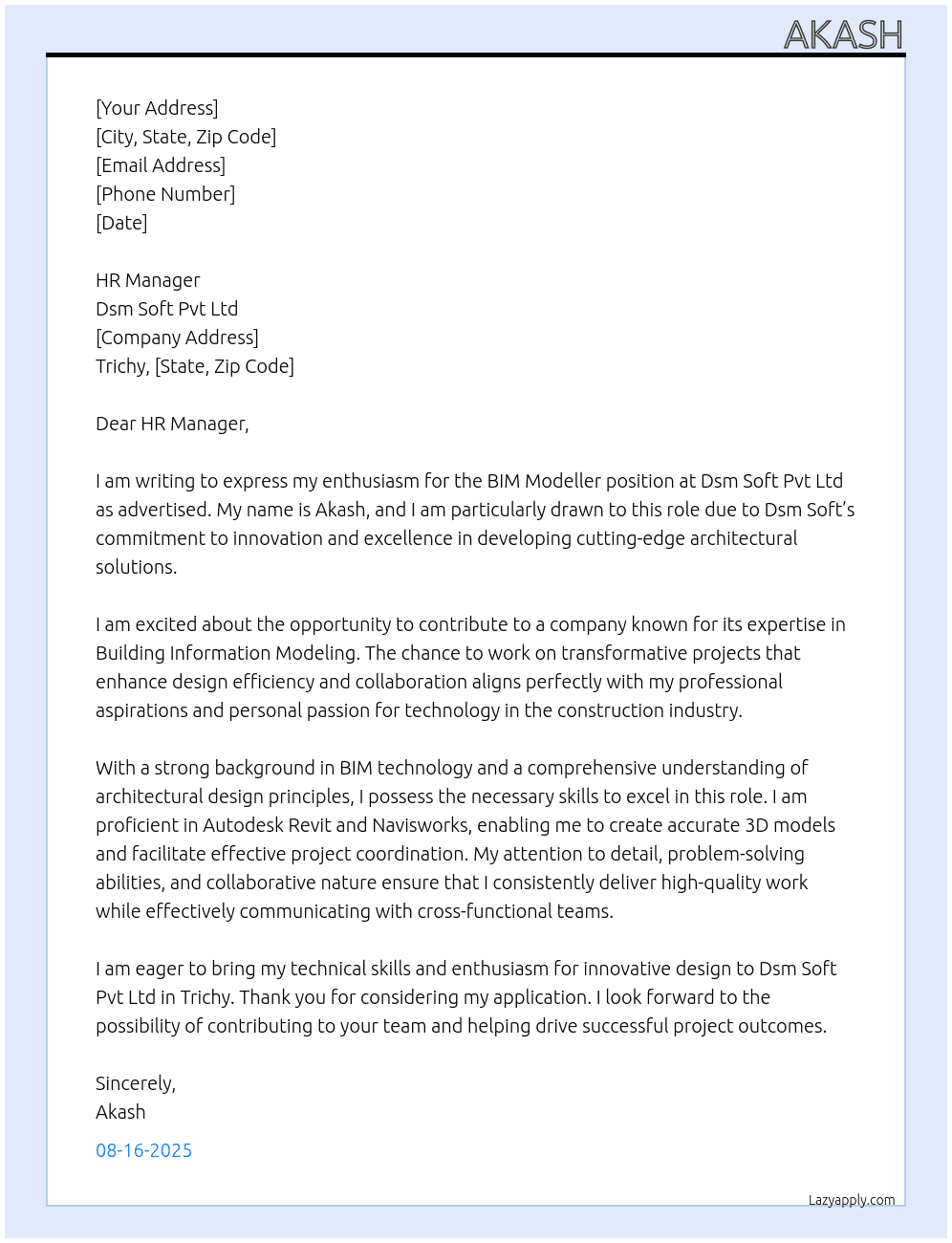 Bim Modeller  At Dsm soft pvt ltd  Cover Letter