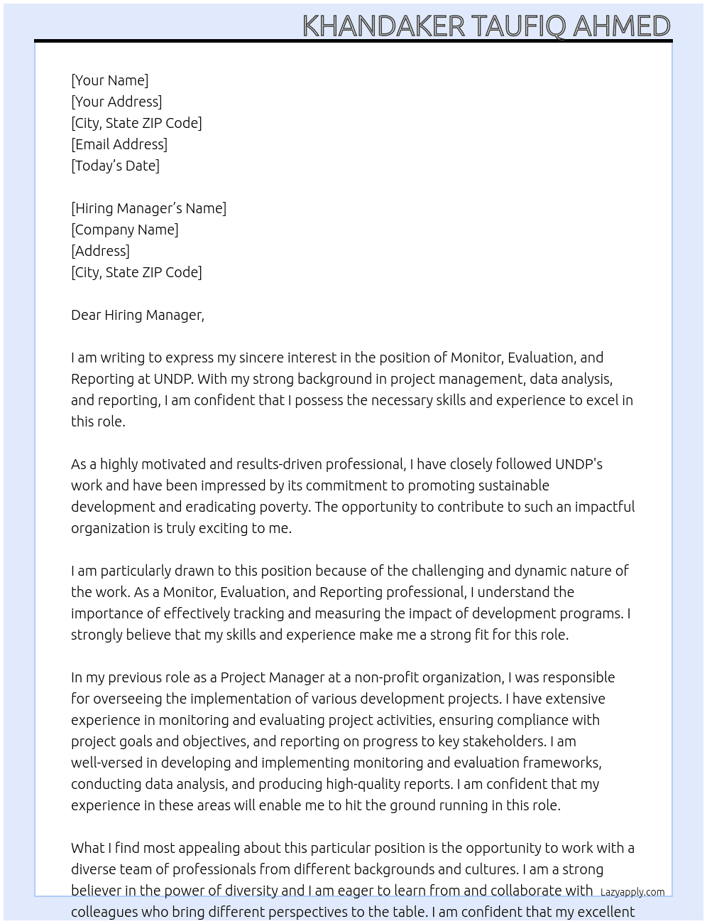 Cover letter for monitor, evaluatin and reporting - LazyApply
