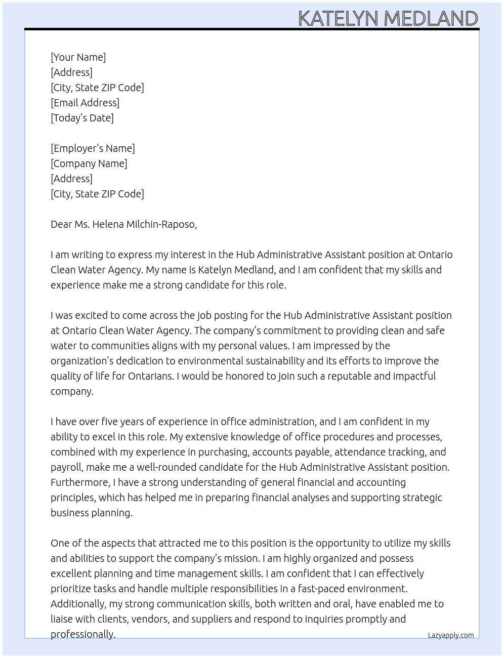 Hub Administrative Assistant At Ontario clean water agency Cover Letter
