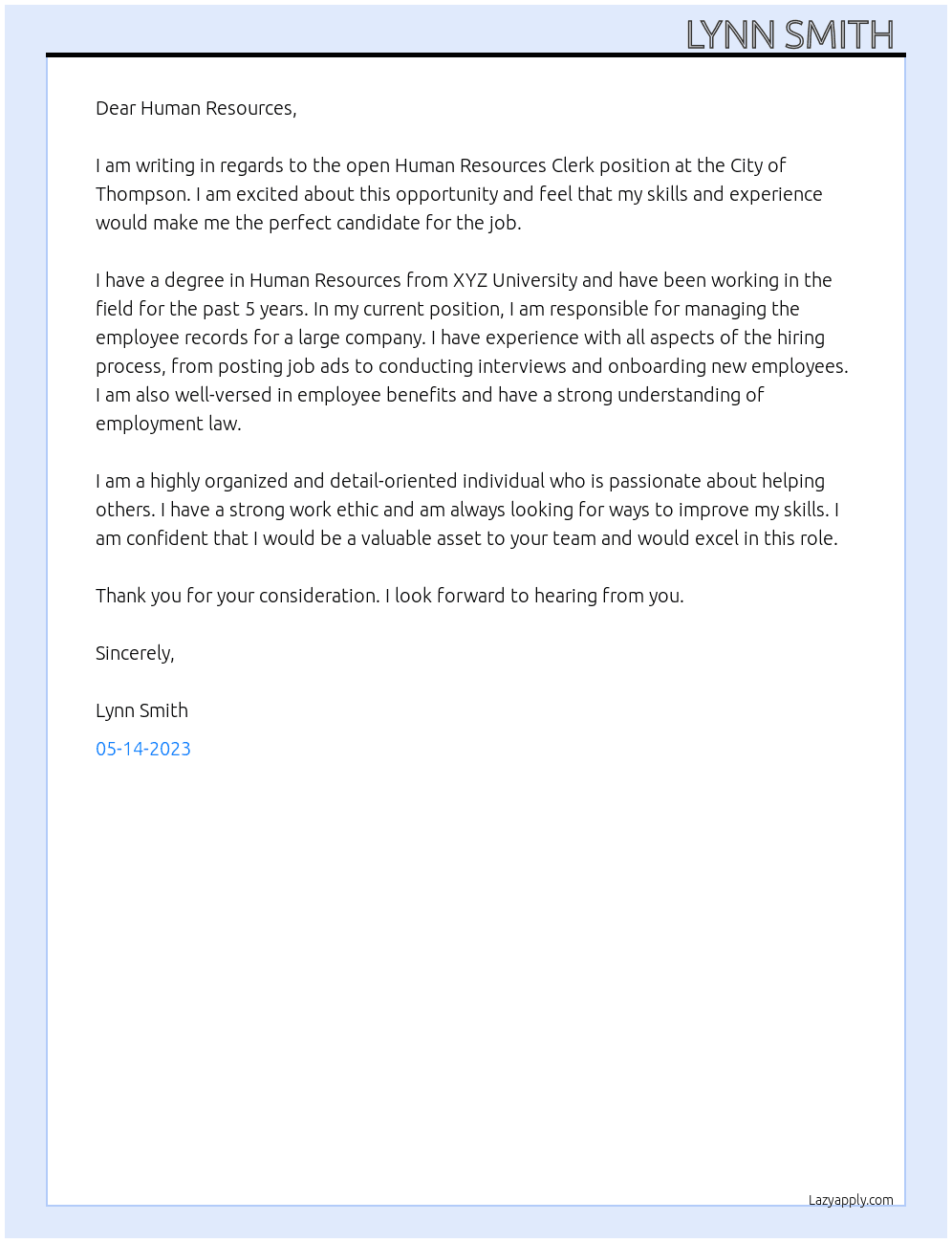 Human Resources Clerk  At City of Thompson Cover Letter