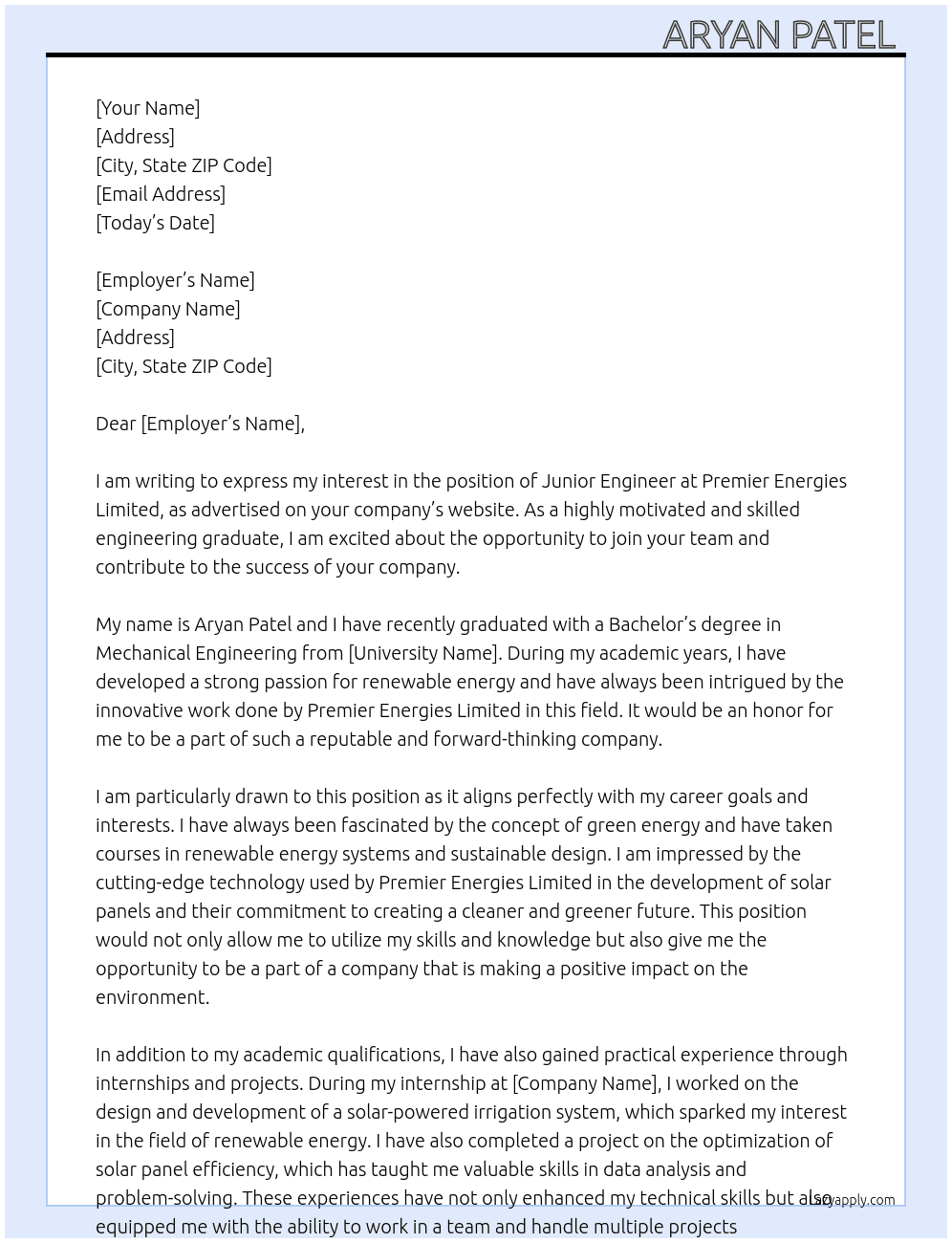 Junior engineer  At Premier energies limited  Cover Letter