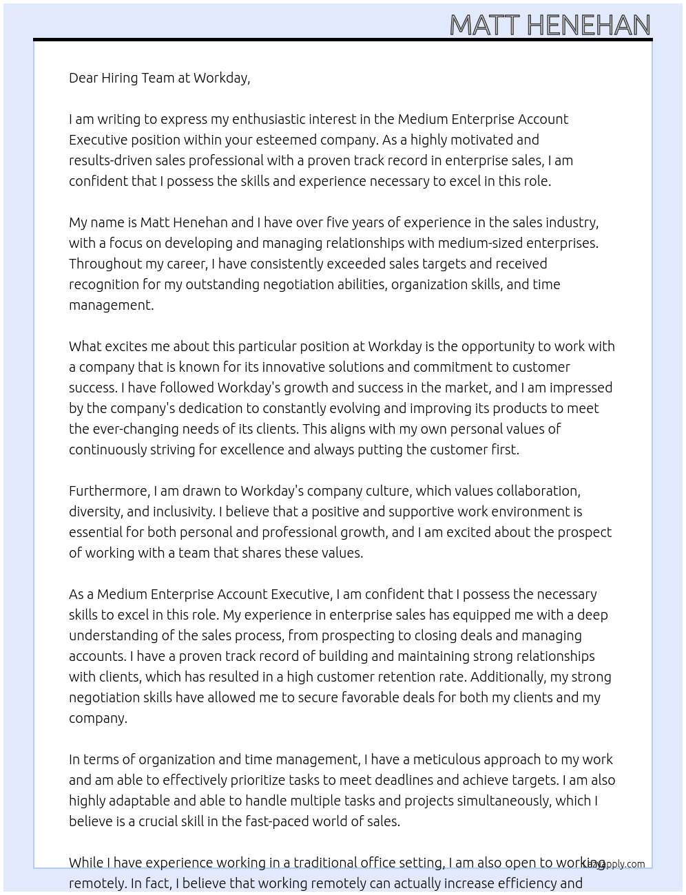 Medium Enterprise Account Executive At Workday Cover Letter