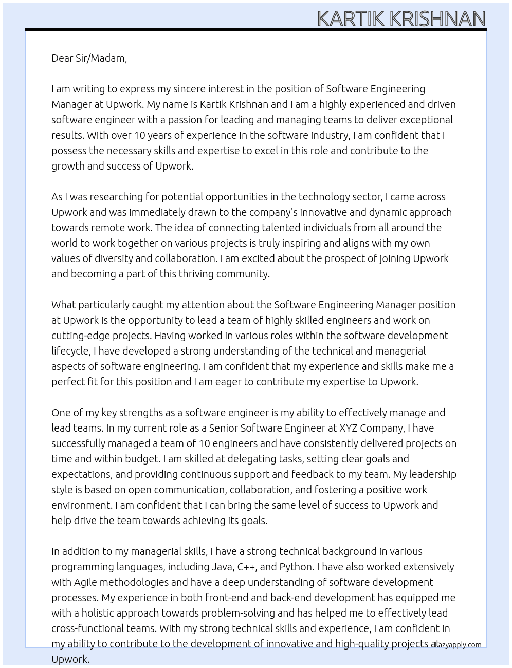 Software Engineering Manager At Upwork Cover Letter