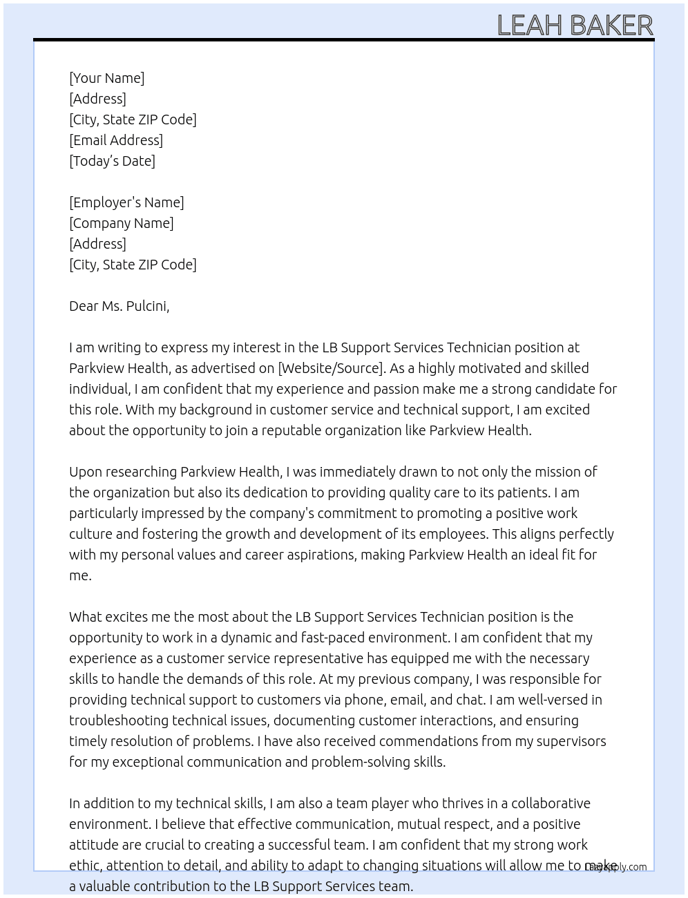 Lb Support Services Technician At Parkview Health  Cover Letter