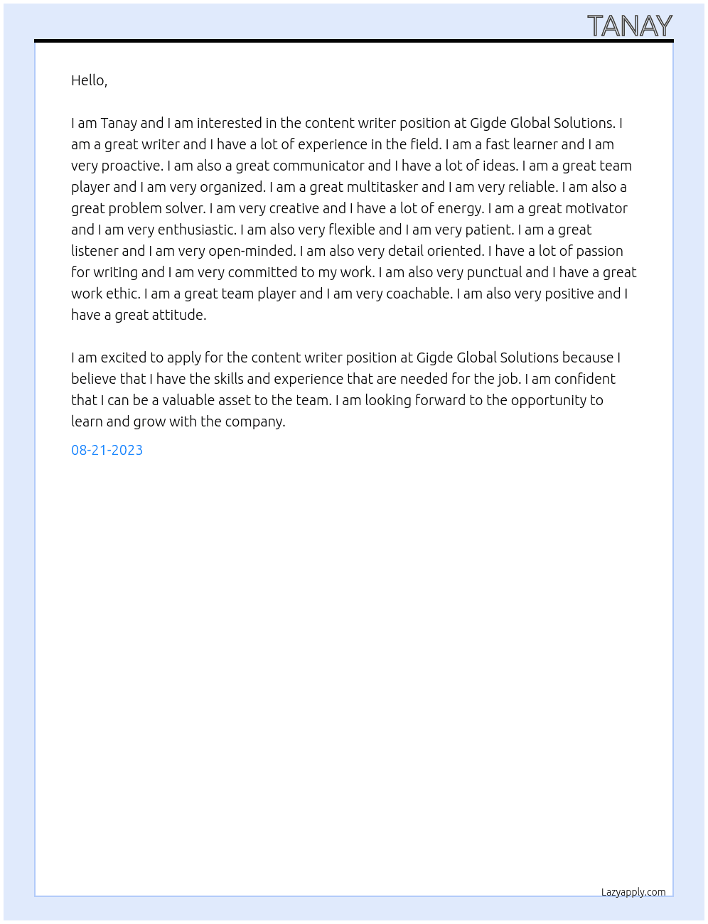 content writer At Gigde Global Solutions Cover Letter