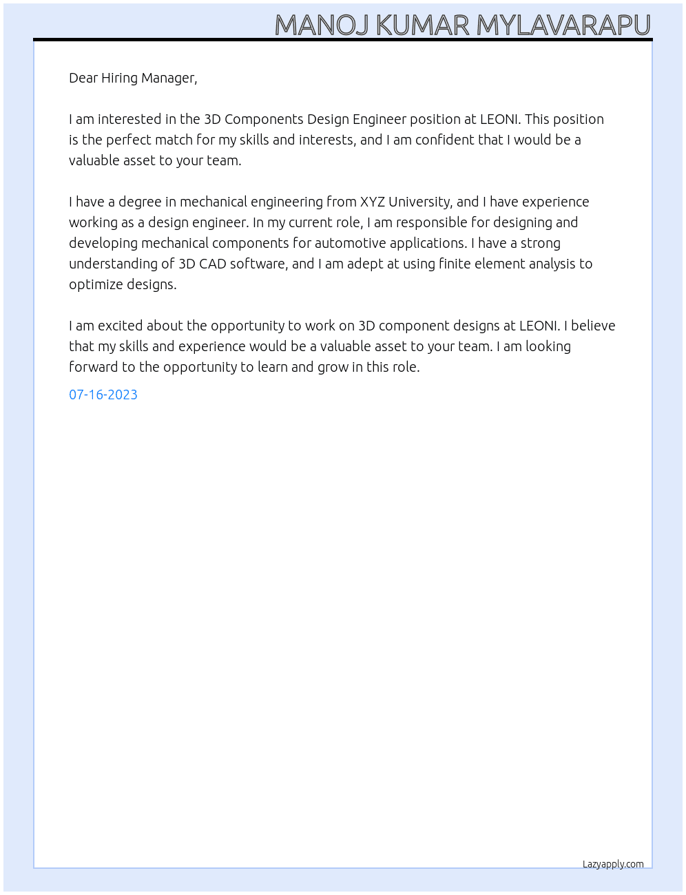 3D Components Design Engineer At LEONI Cover Letter