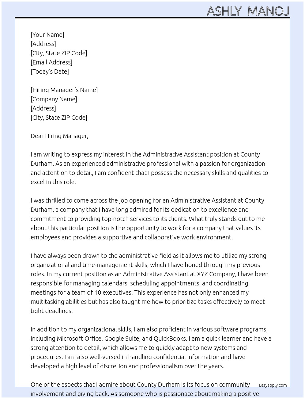 Administrative Assistant  At County Durham Cover Letter