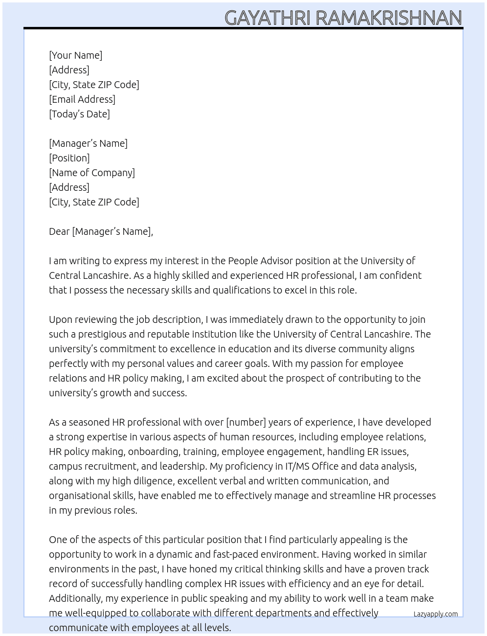 people advisor At University of Central Lancashire Cover Letter