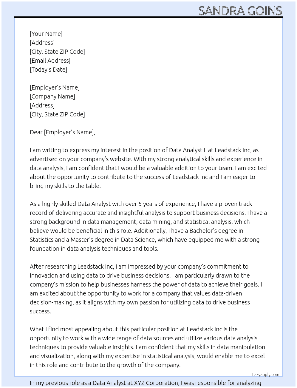 Data Analyst II At Leadstack Inc Cover Letter