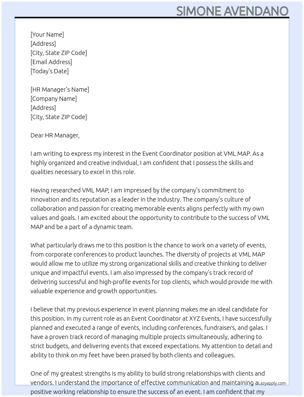 Event Coordinator At VML MAP Cover Letter