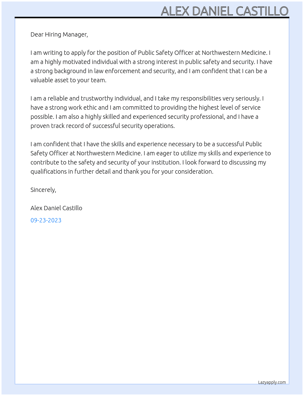 Public safety officer At Northwestern Medicine Cover Letter