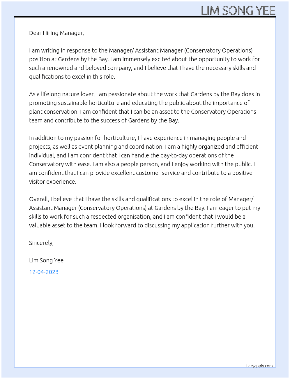 Manager/ Assistant Manager (Conservatory Operations) At Gardens by the Bay Cover Letter