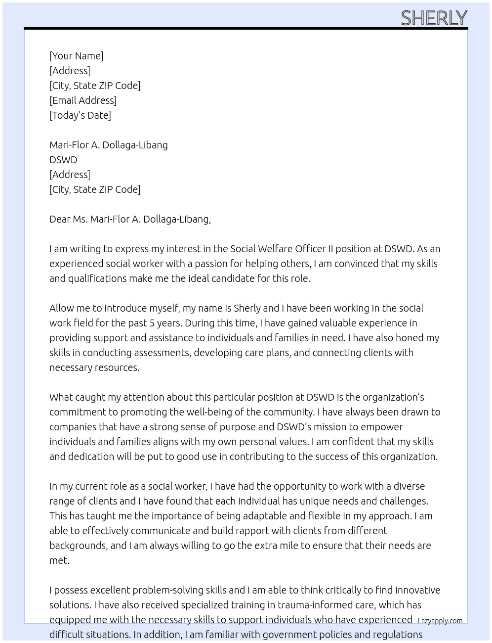 Social Welfare Officer II At DSWD Cover Letter