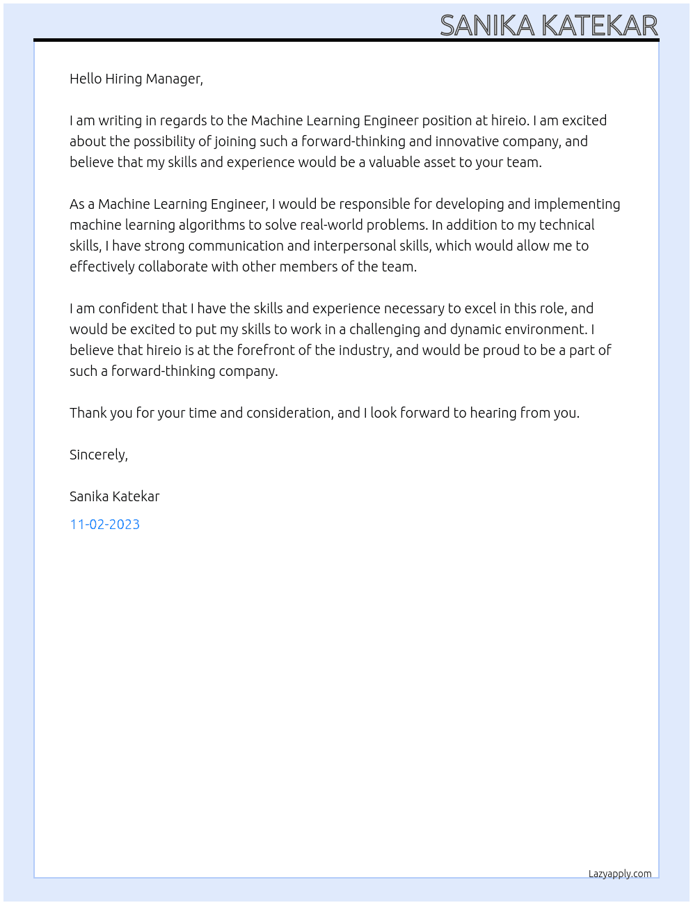 Machine Learning Engineer At hireio Cover Letter