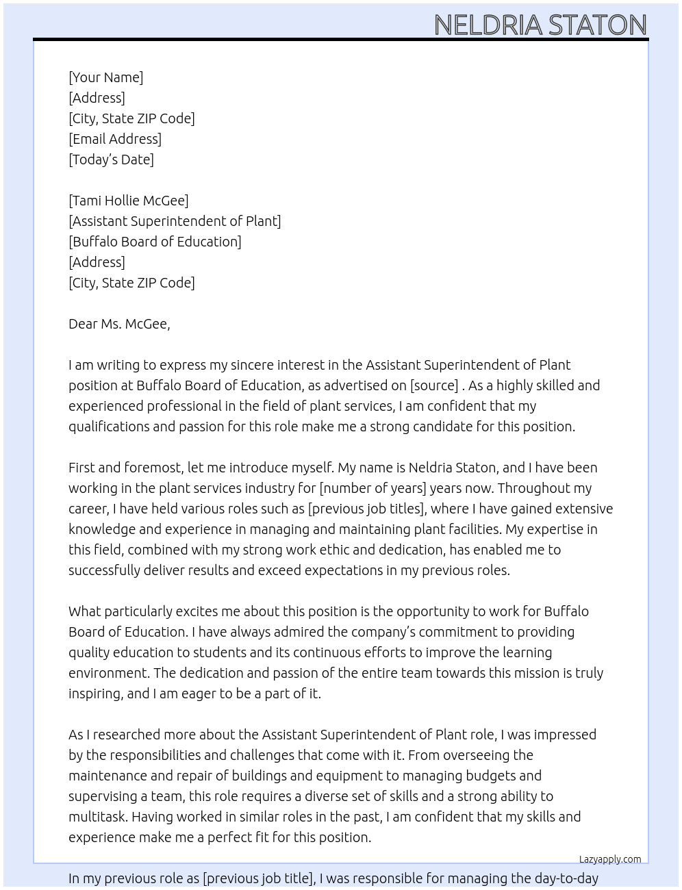  Assistant Superintendent of Plant At Buffalo Board of Education Cover Letter