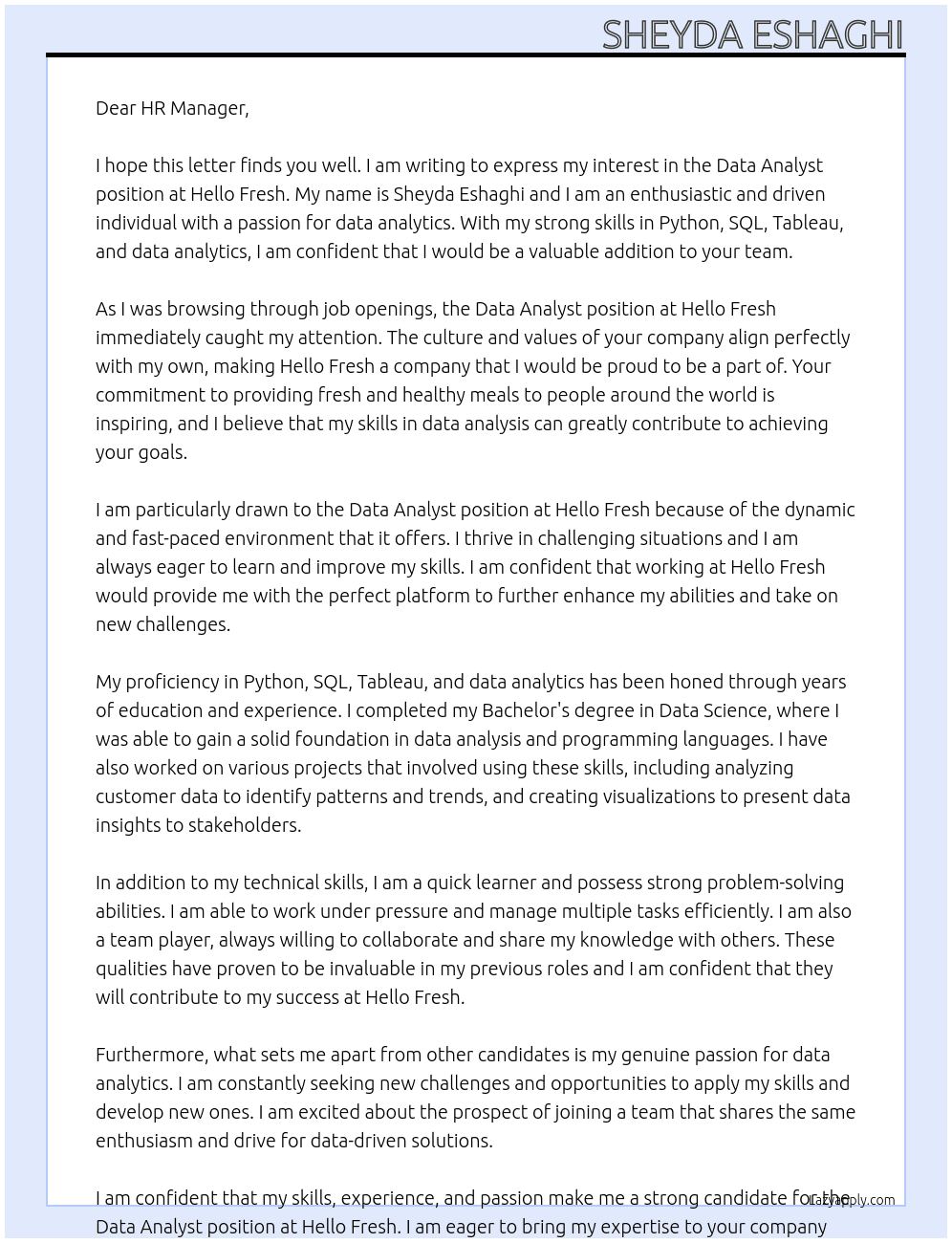 data analyst At Hello fresh Cover Letter