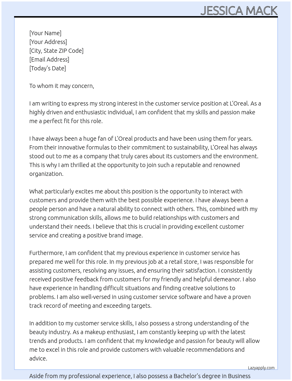 customer service At L'Oreal Cover Letter