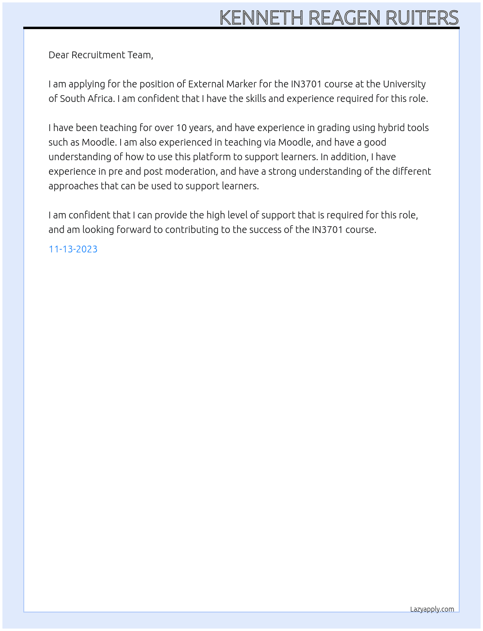 External Marker IN3701 At University of South Africa Cover Letter