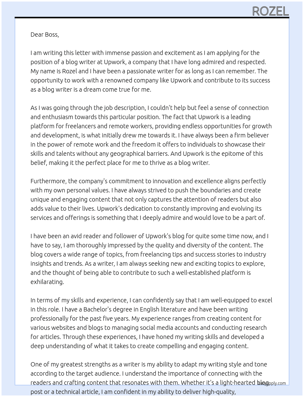 blog writer At upwork Cover Letter
