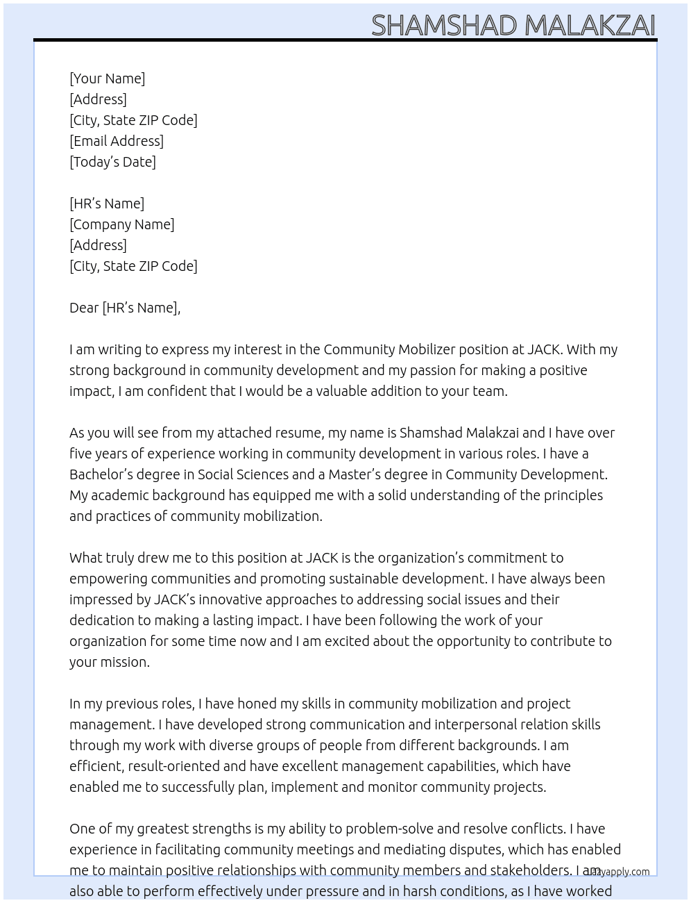 Community Mobilizer  At JACK Cover Letter