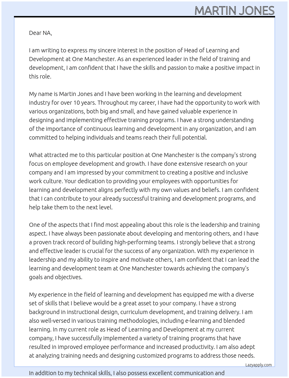 head of learning and development At One Manchester Cover Letter